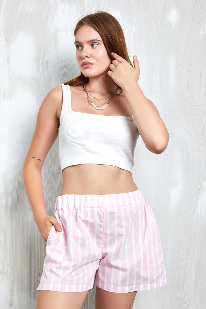 First Angels Pink And White Striped 100% Cotton Elastic Waist Shorts 27369 Wholesale Clothing Cotton