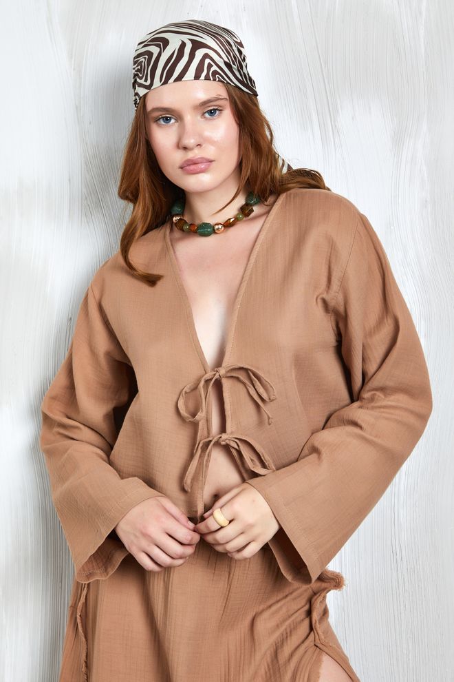 First Angels Camel Muslin Fabric Front Tie Blouse 27355 Wholesale Clothing Cotton