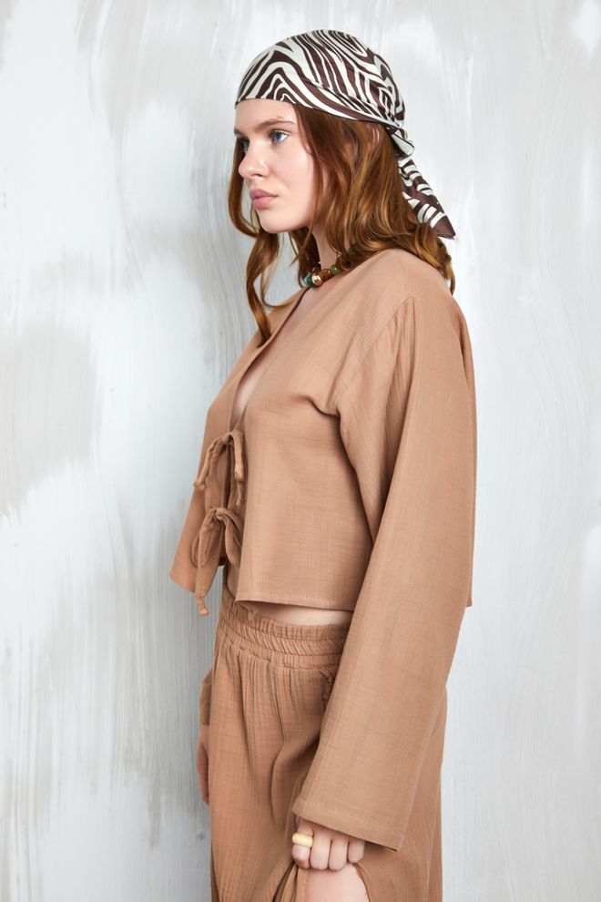 First Angels Camel Muslin Fabric Front Tie Blouse 27355 Wholesale Clothing Birthday