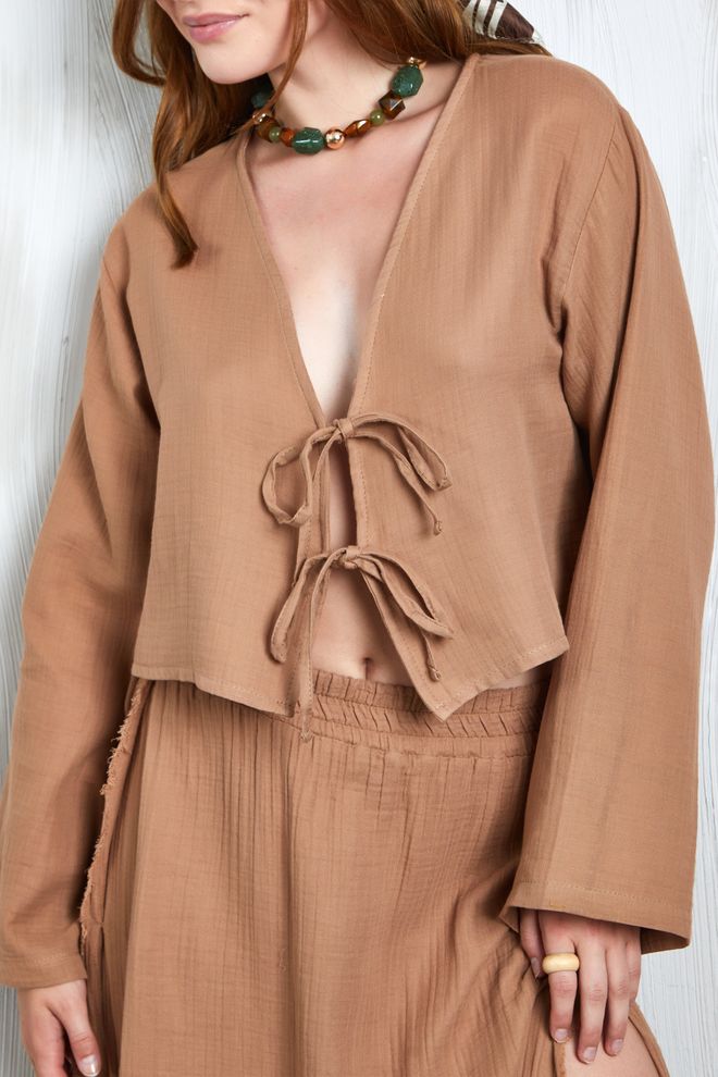 First Angels Camel Muslin Fabric Front Tie Blouse 27355 Wholesale Clothing 4