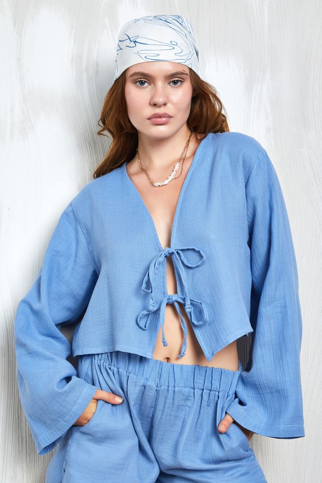 First Angels Indigo Muslin Fabric Front Tie Blouse 27355 Wholesale Clothing Casual