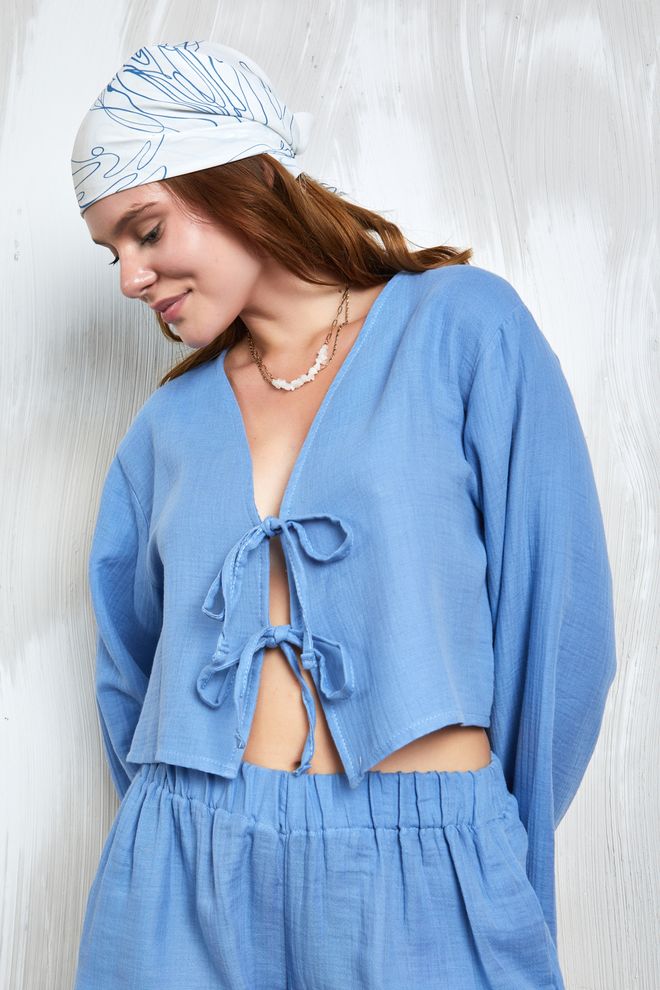 First Angels Indigo Muslin Fabric Front Tie Blouse 27355 Wholesale Clothing Cotton