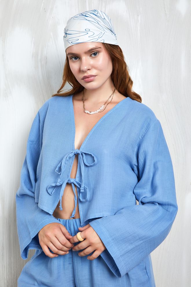 First Angels Indigo Muslin Fabric Front Tie Blouse 27355 Wholesale Clothing Birthday