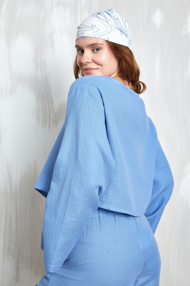 First Angels Indigo Muslin Fabric Front Tie Blouse 27355 Wholesale Clothing Summer