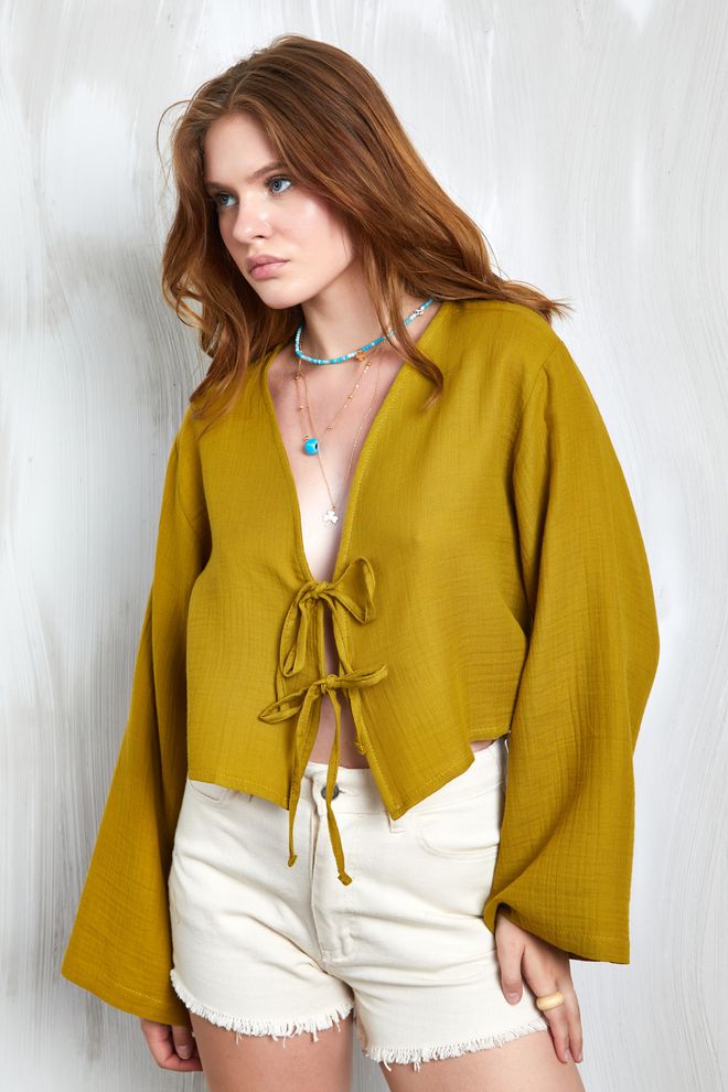 First Angels Oil Green Muslin Fabric Front Tie Blouse 27355 Wholesale Clothing Cotton