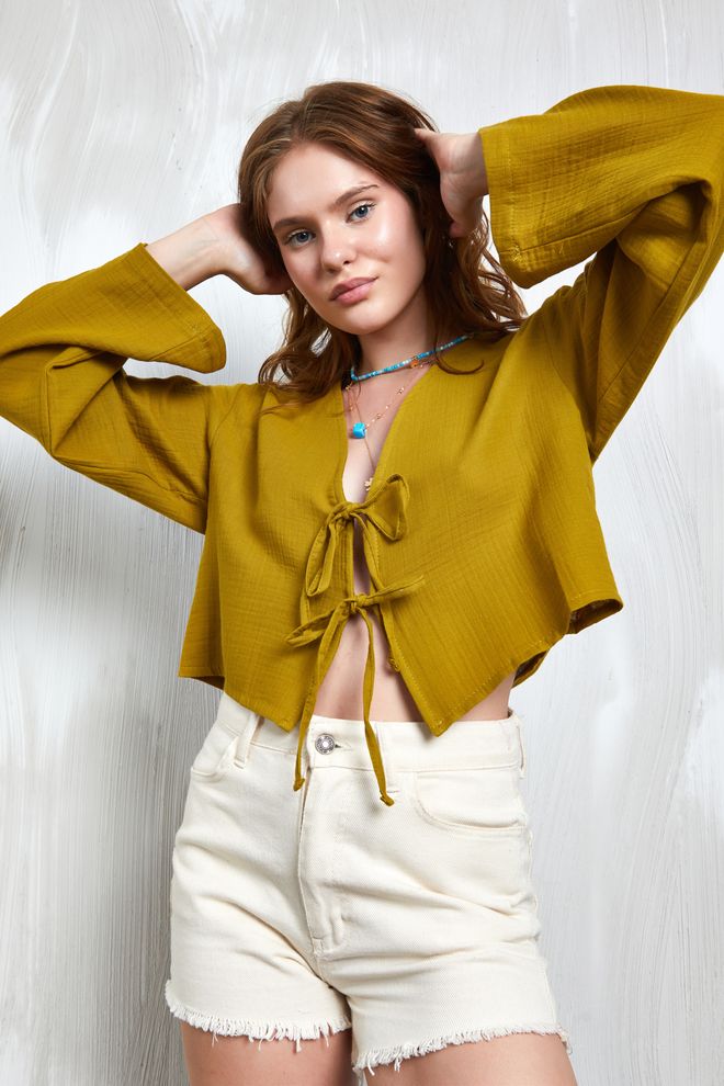 First Angels Oil Green Muslin Fabric Front Tie Blouse 27355 Wholesale Clothing Beach
