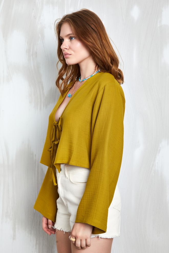 First Angels Oil Green Muslin Fabric Front Tie Blouse 27355 Wholesale Clothing Summer