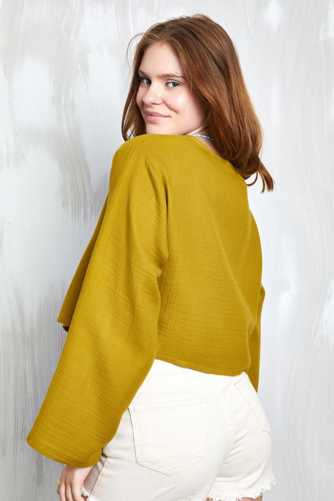 First Angels Oil Green Muslin Fabric Front Tie Blouse 27355 Wholesale Clothing 4