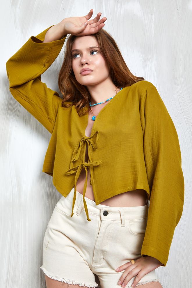 First Angels Oil Green Muslin Fabric Front Tie Blouse 27355 Wholesale Clothing 5