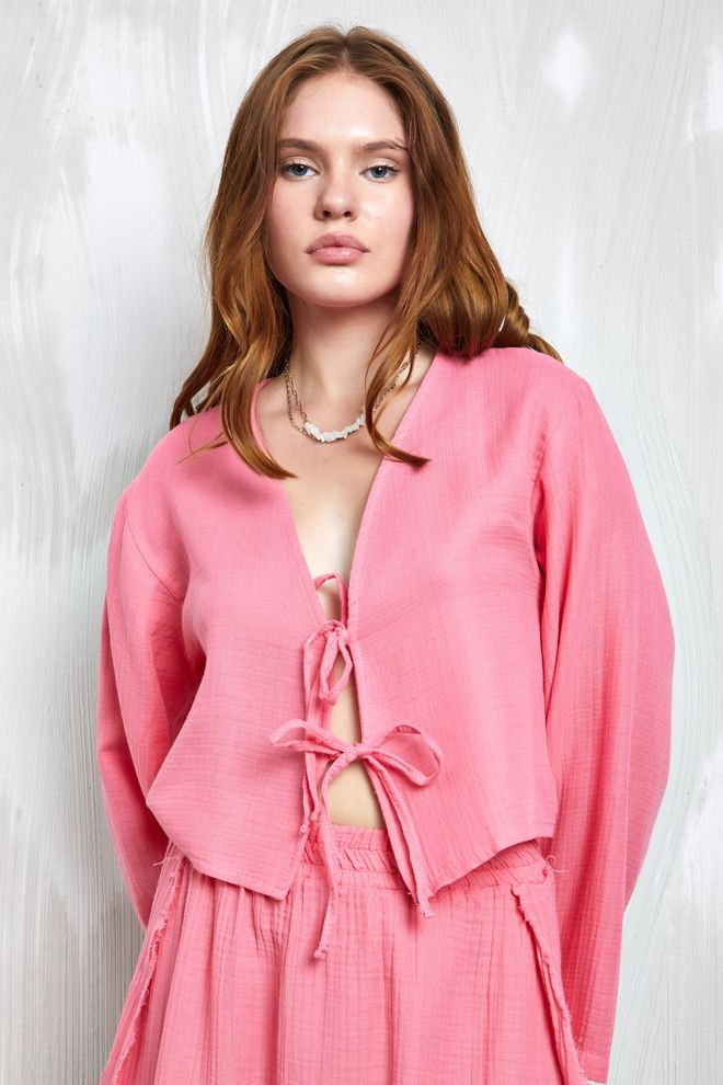 First Angels Pink Muslin Fabric Front Tie Blouse 27355 Wholesale Clothing Cotton