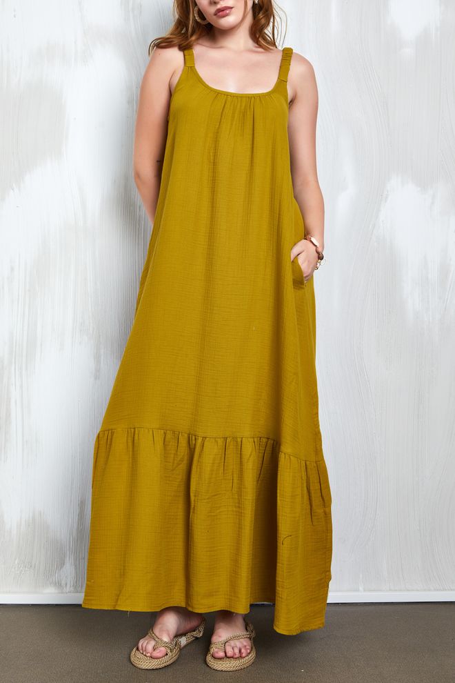 First Angels Vestido Longo Com Tiras Em Tecido Musselina Verde Óleo 27361 Roupas por atacado Algodão