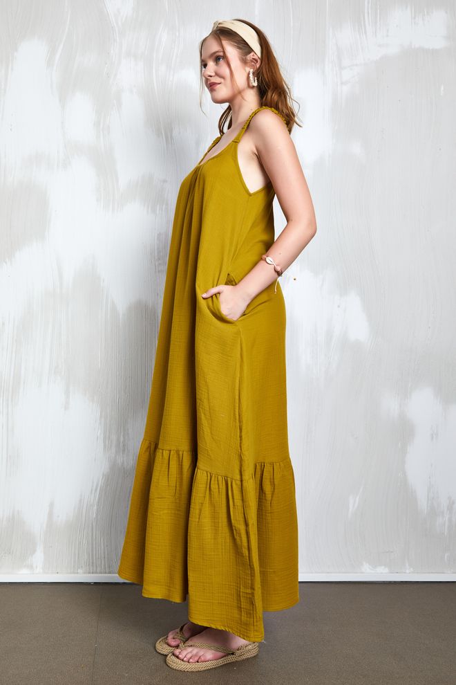 First Angels Vestido Longo Com Tiras Em Tecido Musselina Verde Óleo 27361 Roupas por atacado Verão