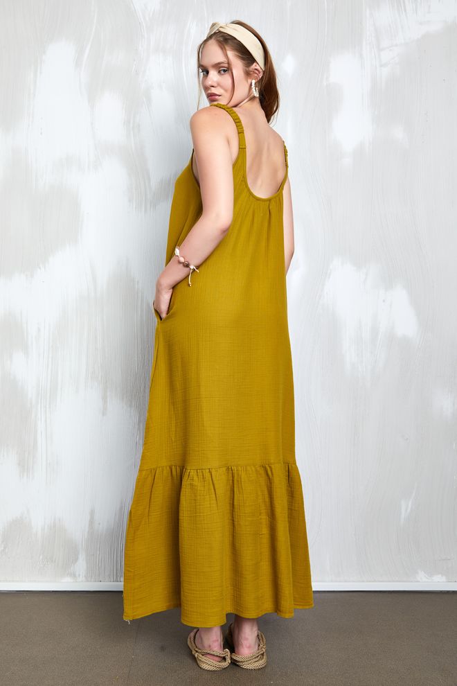 First Angels Vestido Longo Com Tiras Em Tecido Musselina Verde Óleo 27361 Roupas por atacado Boho