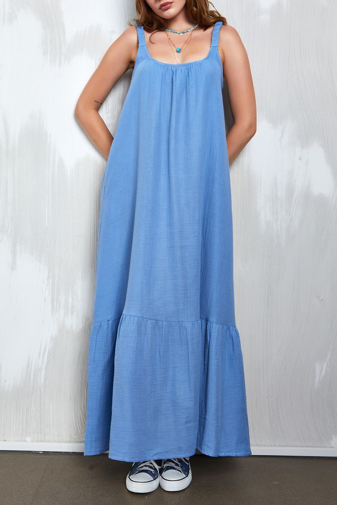 First Angels Vestido Longo Com Alças Em Tecido Musselina Índigo 27361 Roupas por atacado Aniversário