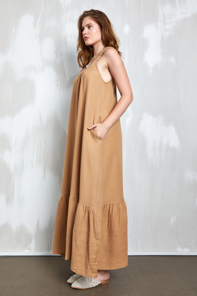First Angels Vestido Longo Com Tiras Em Tecido Musselina Camel 27361 Roupas por atacado Boho