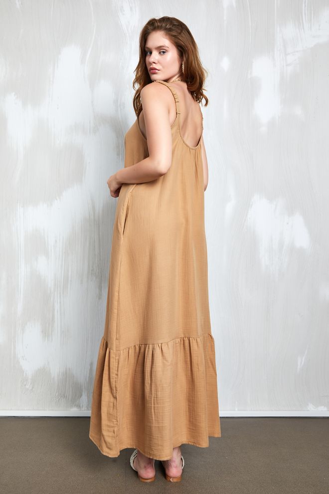 First Angels Vestido Longo Com Tiras Em Tecido Musselina Camel 27361 Roupas por atacado 5