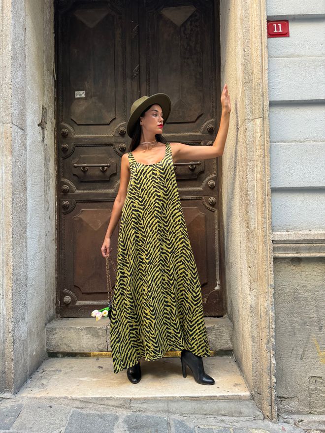 First Angels Abito Lungo Stampato In Raso A Filo Verde Petrolio Da Donna Abbigliamento all'ingrosso Casuale