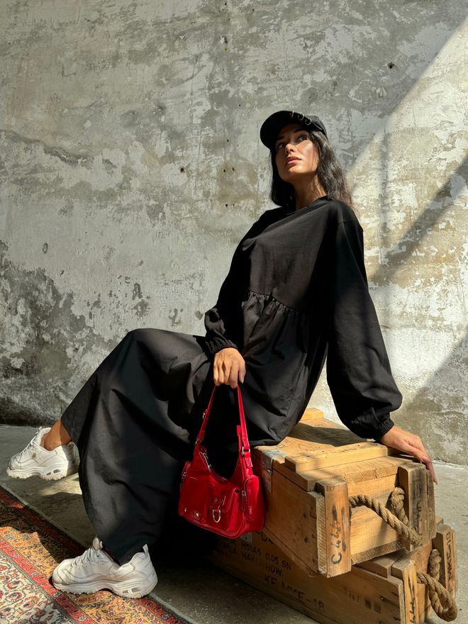 First Angels Siyah Üstü Penye Altı Dokuma Oversize Uzun Kollu Uzun Elbise Toptan Giyim Polyester