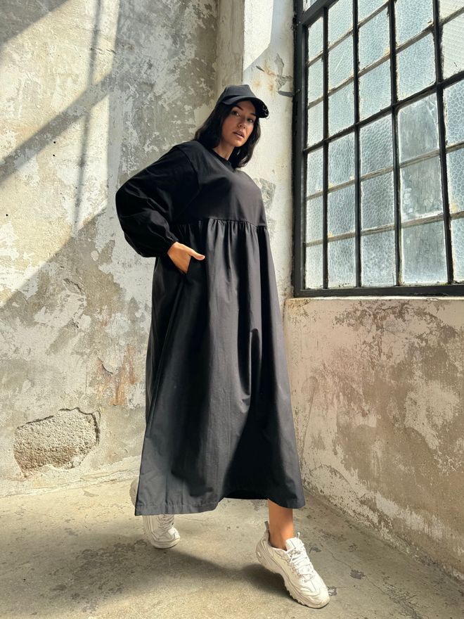 First Angels Siyah Üstü Penye Altı Dokuma Oversize Uzun Kollu Uzun Elbise Toptan Giyim Doğum Günü