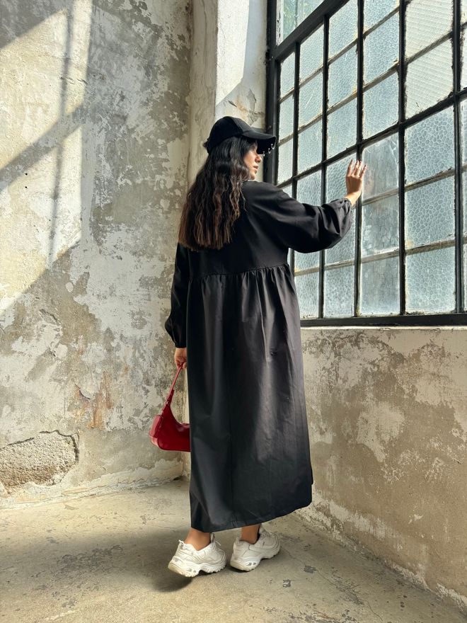 First Angels Siyah Üstü Penye Altı Dokuma Oversize Uzun Kollu Uzun Elbise Toptan Giyim Pamuk