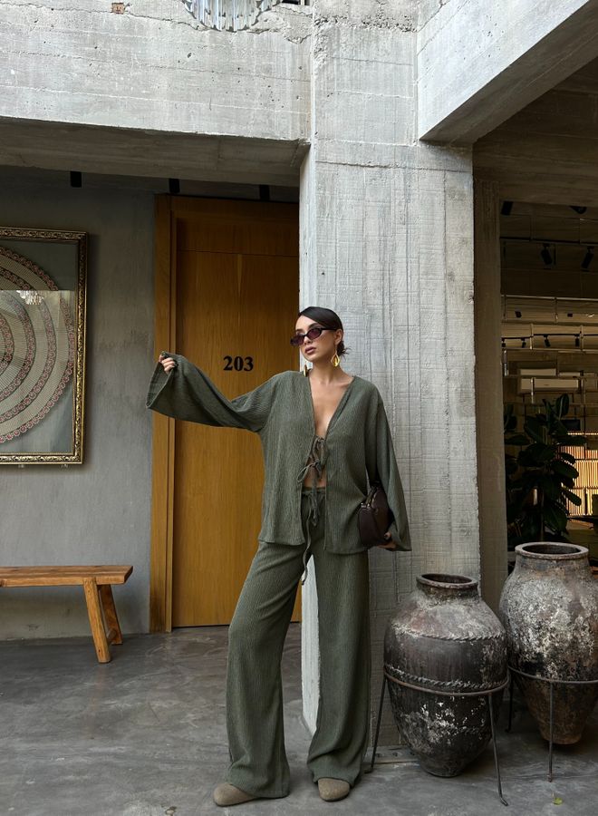 First Angels Women's Khaki Crinkle Fabric Front Tie Oversize Kimono Blouse 28172 Wholesale Clothing Birthday