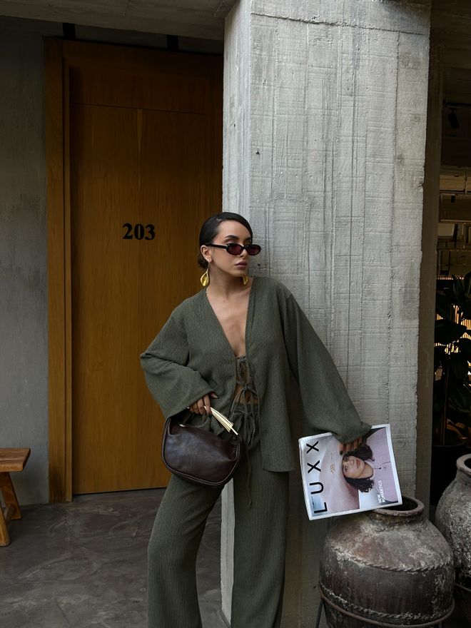 First Angels Women's Khaki Crinkle Fabric Front Tie Oversize Kimono Blouse 28172 Wholesale Clothing Winter