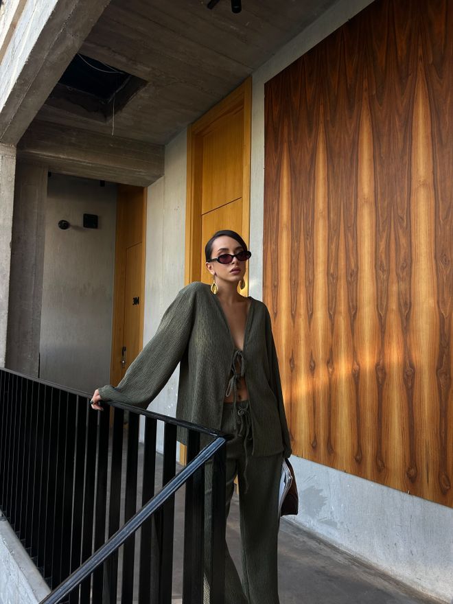 First Angels Women's Khaki Crinkle Fabric Front Tie Oversize Kimono Blouse 28172 Wholesale Clothing Formal