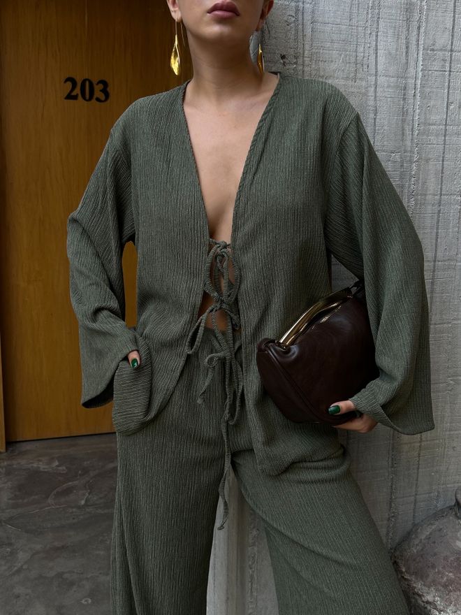 First Angels Women's Khaki Crinkle Fabric Front Tie Oversize Kimono Blouse 28172 Wholesale Clothing Viscose