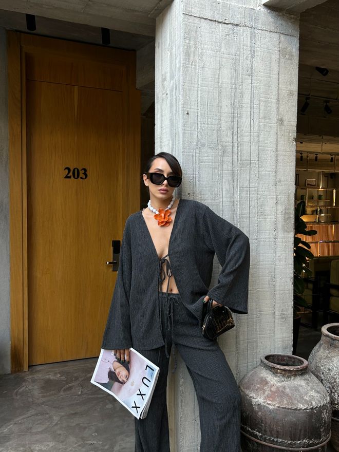 First Angels Anthracite Crinkle Fabric Front Tie Oversize Kimono Blouse 28172 Wholesale Clothing Birthday