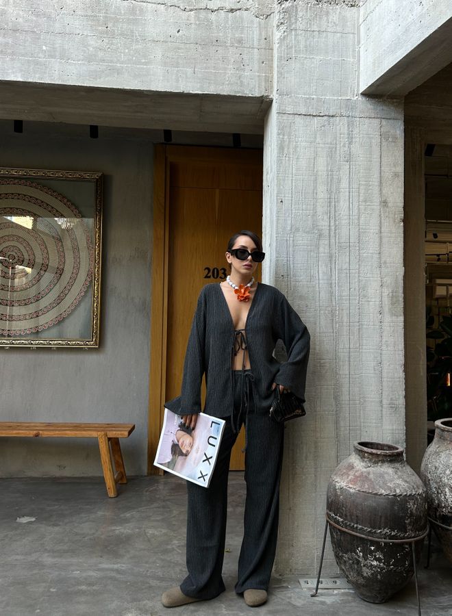 First Angels Anthracite Crinkle Fabric Front Tie Oversize Kimono Blouse 28172 Wholesale Clothing Winter