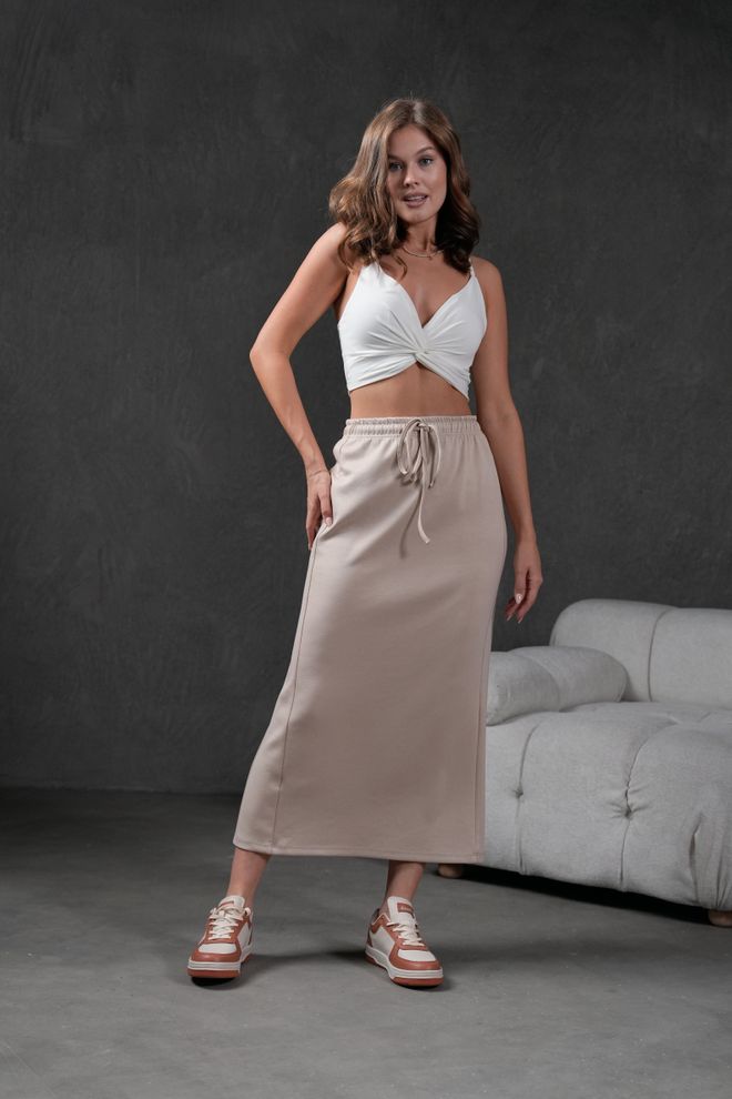 First Angels Stone Modal Lange Rok Met Elastische Taille En Split 28035 Groothandel Kleding Casual
