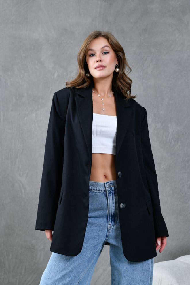First Angels Black Polyviscose Oversize Jacket Wholesale Clothing Casual