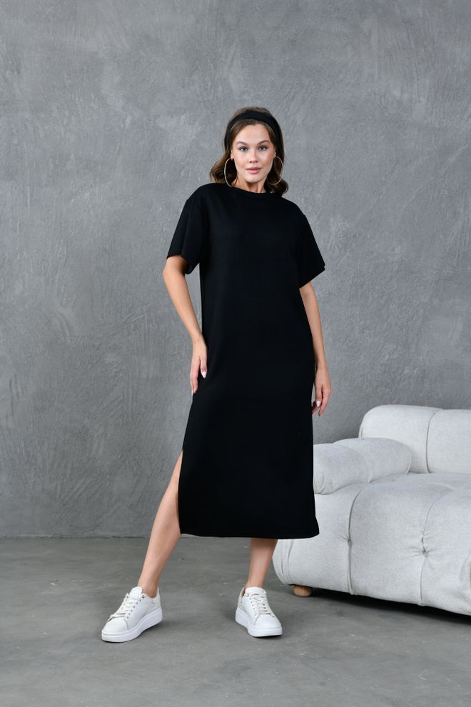 First Angels Abito A Fessura A Maniche Corte In Modal Nero 28030 Abbigliamento all'ingrosso Casuale