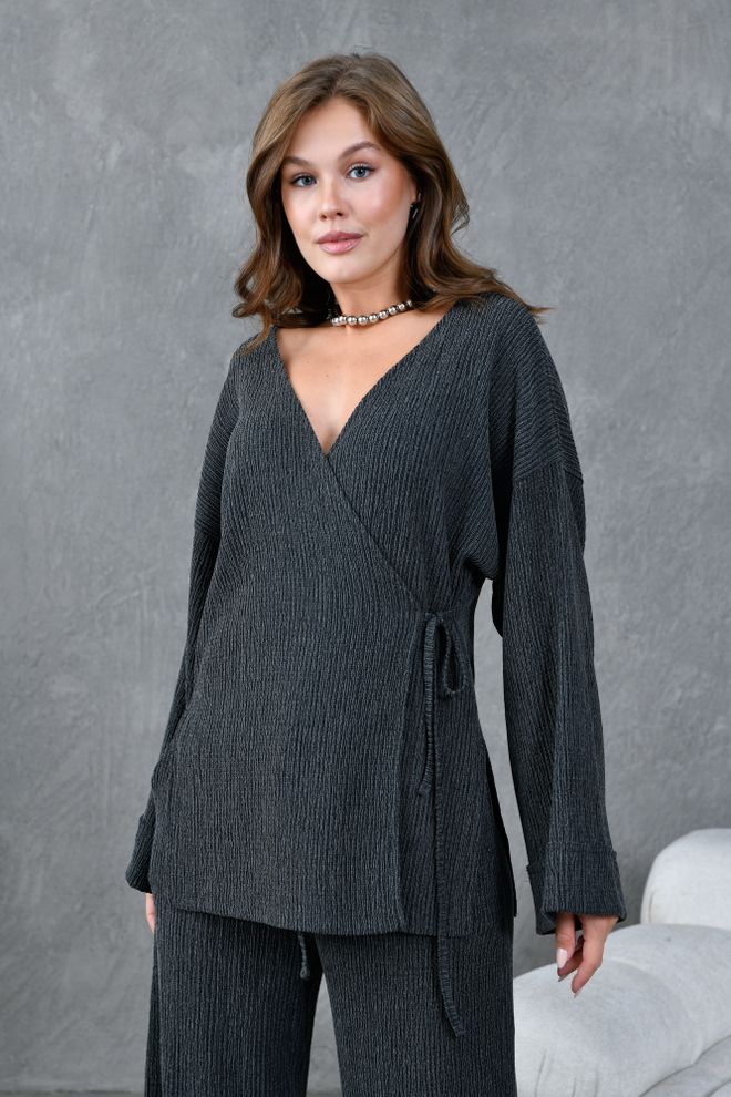 First Angels Anthracite Crinkle Fabric Kimono 28174 Wholesale Clothing Polyester