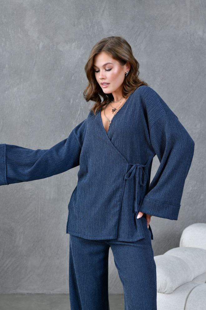 First Angels Indigo Crinkle Fabric Kimono 28174 Wholesale Clothing Polyester