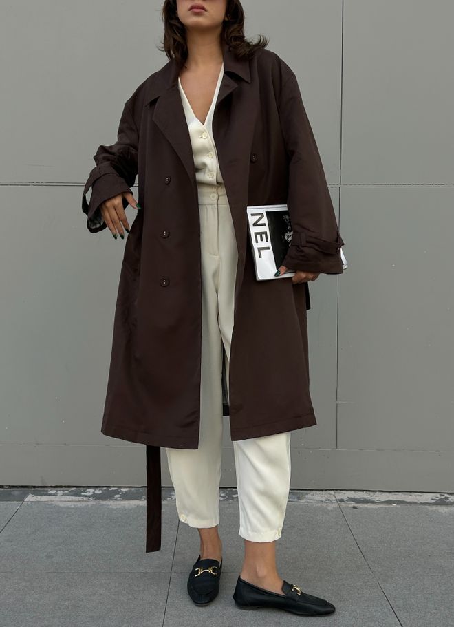 First Angels Trench Oversize Con Motivo A Righe Con Fodera Caffè 28119 Abbigliamento all'ingrosso Casuale