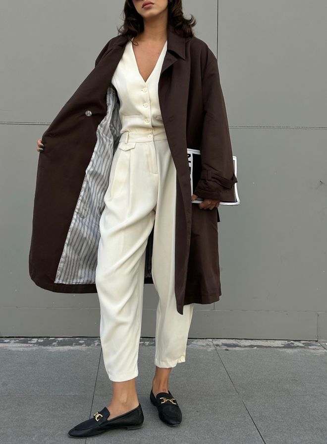 Manteau Casual Trench Long Pour Femme AGYMNX Faux Daim, Ceinture