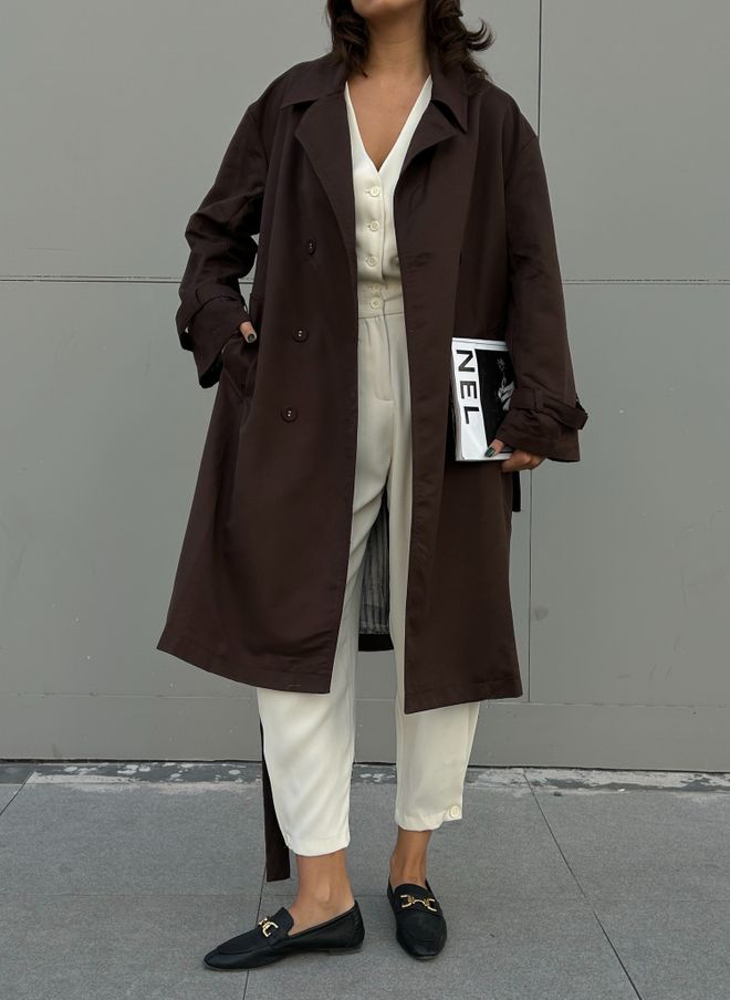 First Angels Coffee Lined Striped Patterned Oversize Trench Coat 28119 Wholesale Clothing 2