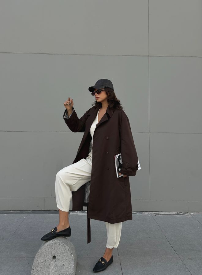 First Angels Coffee Lined Striped Patterned Oversize Trench Coat 28119 Wholesale Clothing Winter