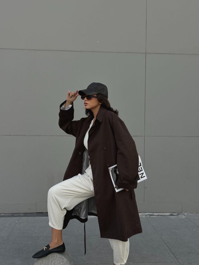 First Angels Coffee Lined Striped Patterned Oversize Trench Coat 28119 Wholesale Clothing 4