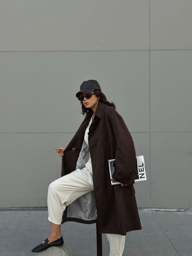 First Angels Coffee Lined Striped Patterned Oversize Trench Coat 28119 Wholesale Clothing 5