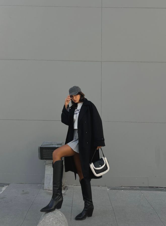 First Angels Black Lined Striped Patterned Oversize Trench Coat 28119 Wholesale Clothing Casual