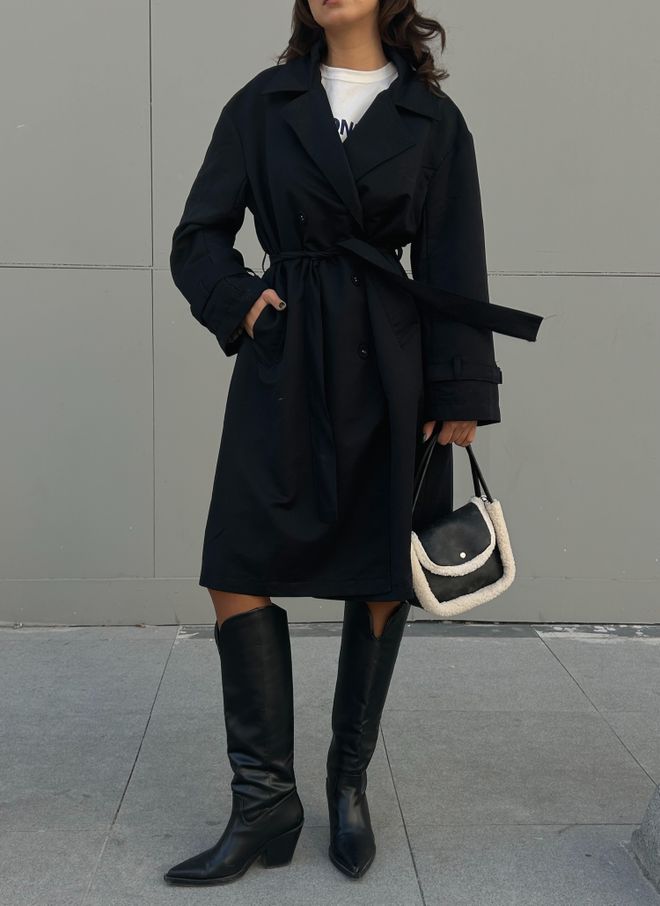 First Angels Black Lined Striped Patterned Oversize Trench Coat 28119 Wholesale Clothing Polyester