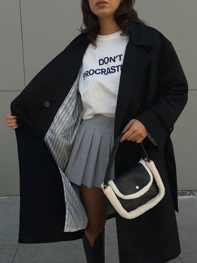 First Angels Black Lined Striped Patterned Oversize Trench Coat 28119 Wholesale Clothing 2