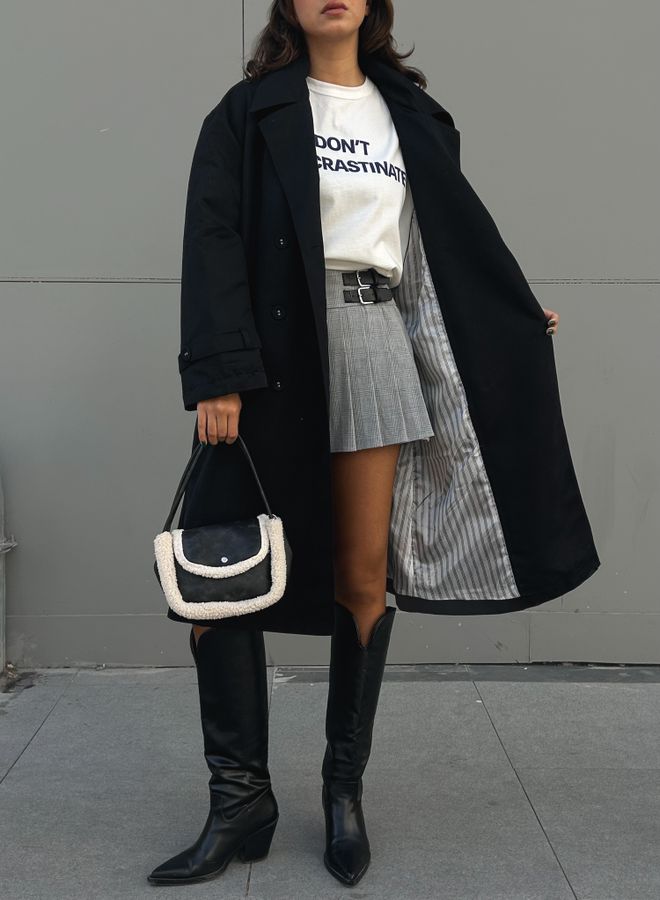 First Angels Black Lined Striped Patterned Oversize Trench Coat 28119 Wholesale Clothing Winter