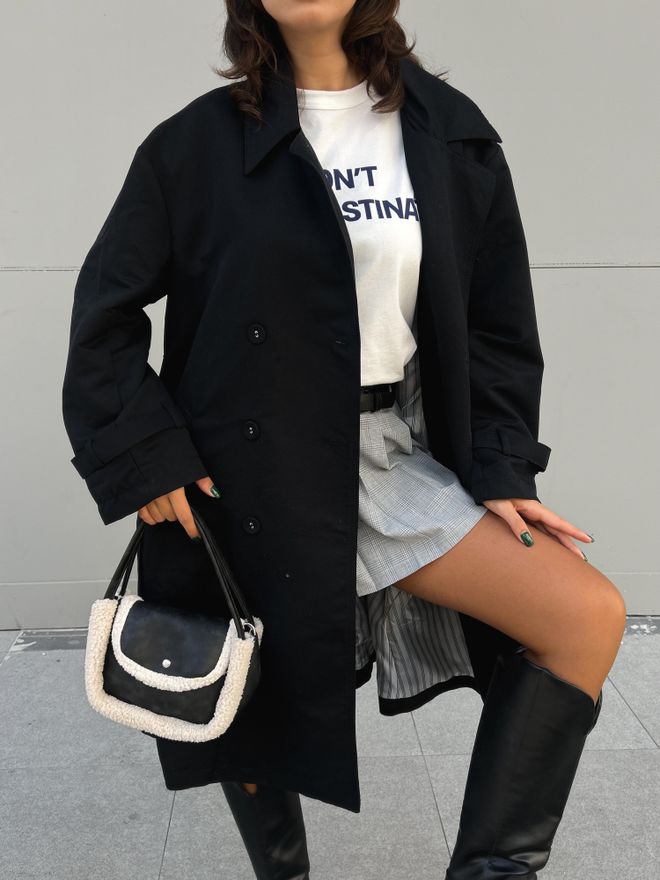 First Angels Black Lined Striped Patterned Oversize Trench Coat 28119 Wholesale Clothing 5