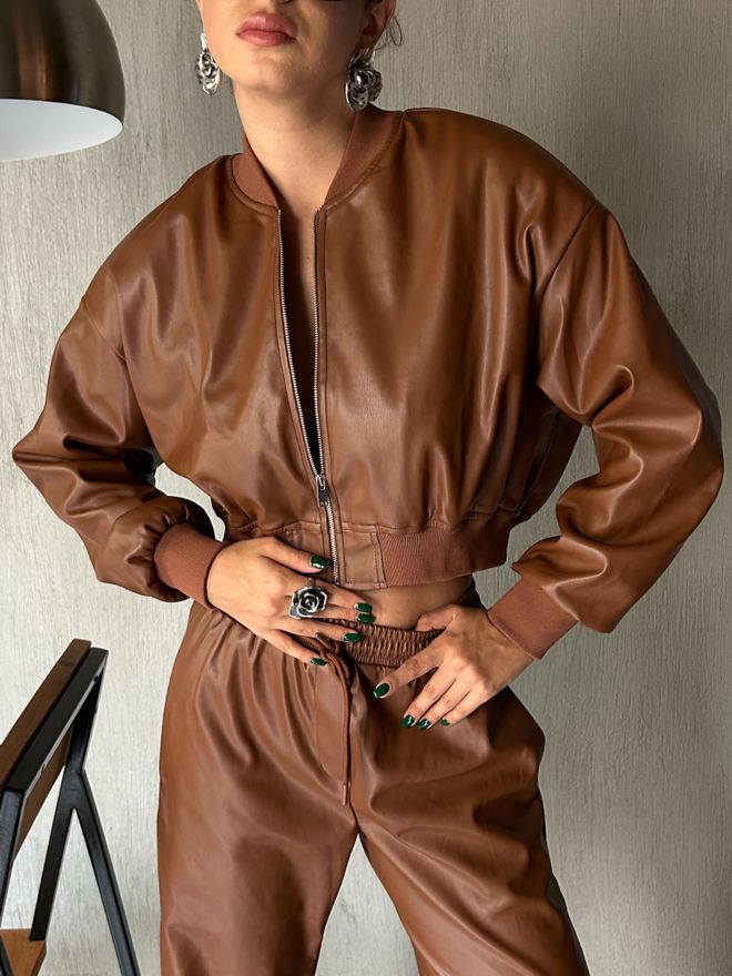 First Angels Brown Padded Leather Bomber Jacket 28082 Wholesale Clothing Casual