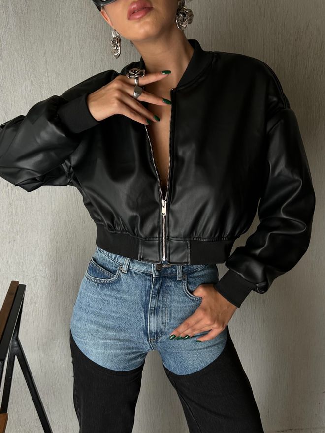 First Angels Black Padded Leather Bomber Jacket 28082 Wholesale Clothing Casual