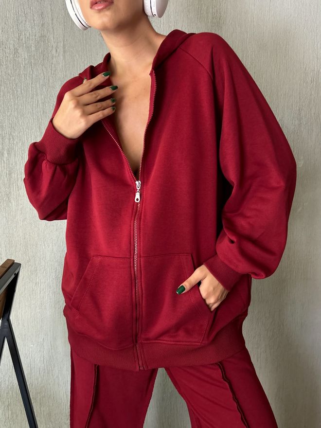 First Angels Φούτερ Claret Red Με Φερμουάρ Oversize 28178 Χονδρικό εμπόριο ενδυμάτων Casual