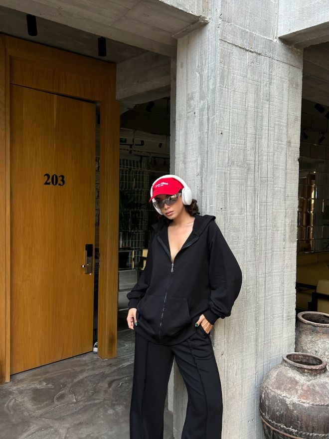 First Angels Black Zippered Hooded Oversize Sweatshirt Without Raising 28178 Wholesale Clothing Casual